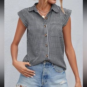 Classic Gingham Pocket Sleeveless Top Button Down Shirt Blouse Black White